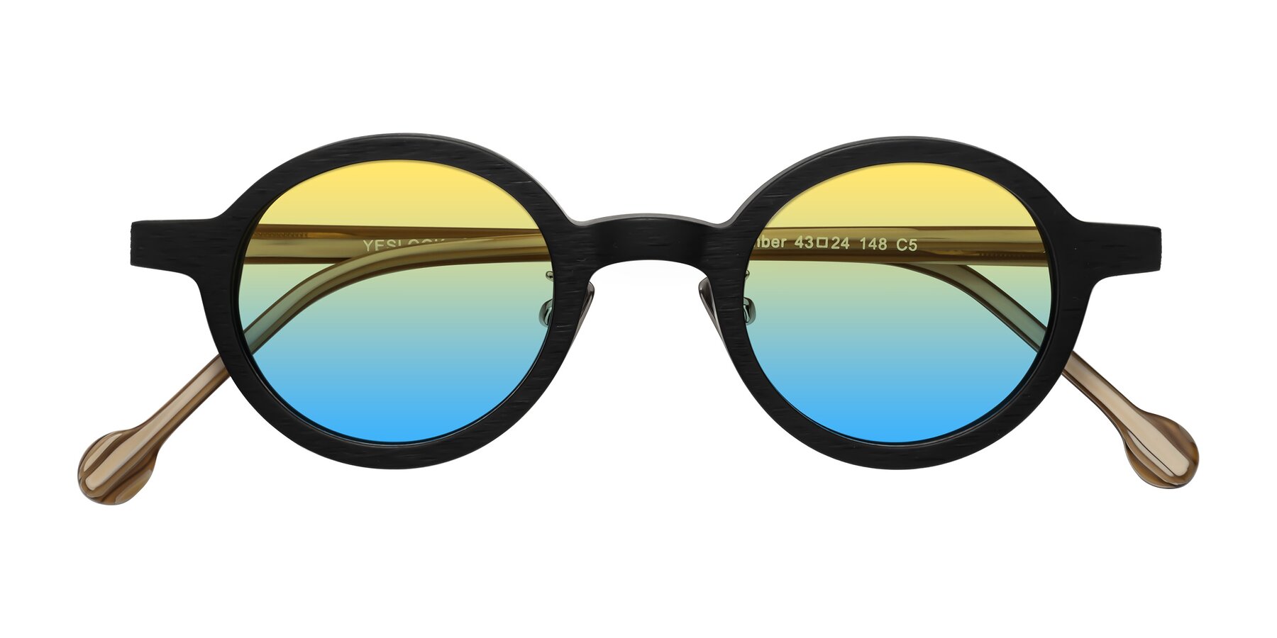 Folded Front of Timber in Black-Sugar Woodgrain with Yellow / Blue Gradient Lenses