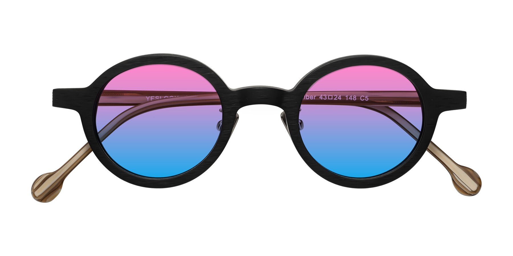 Folded Front of Timber in Black-Sugar Woodgrain with Pink / Blue Gradient Lenses