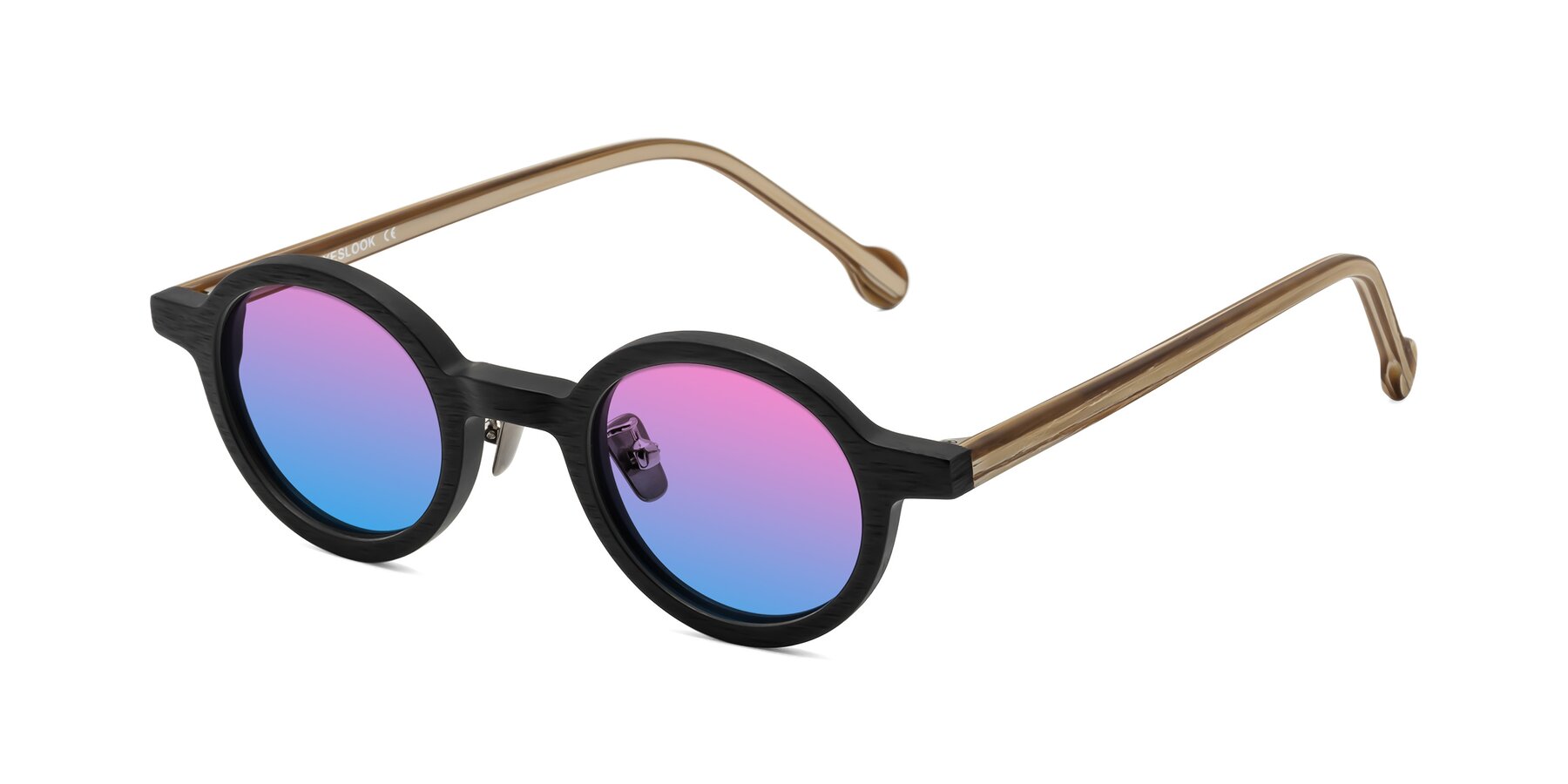 Angle of Timber in Black-Sugar Woodgrain with Pink / Blue Gradient Lenses