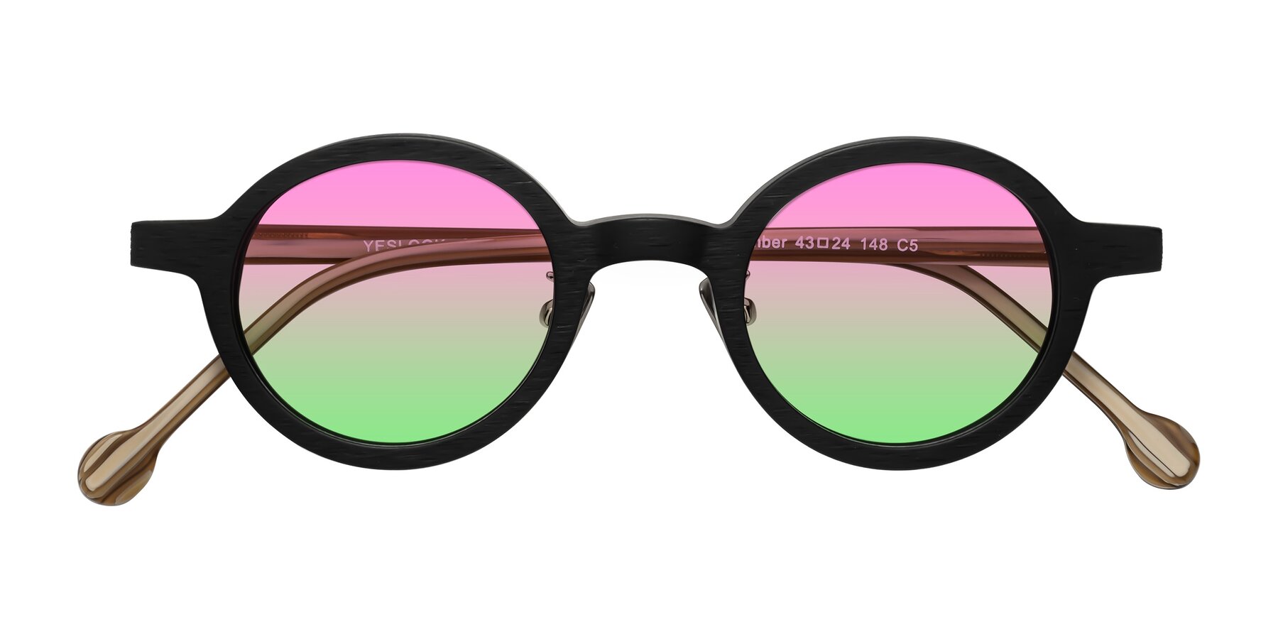 Folded Front of Timber in Black-Sugar Woodgrain with Pink / Green Gradient Lenses