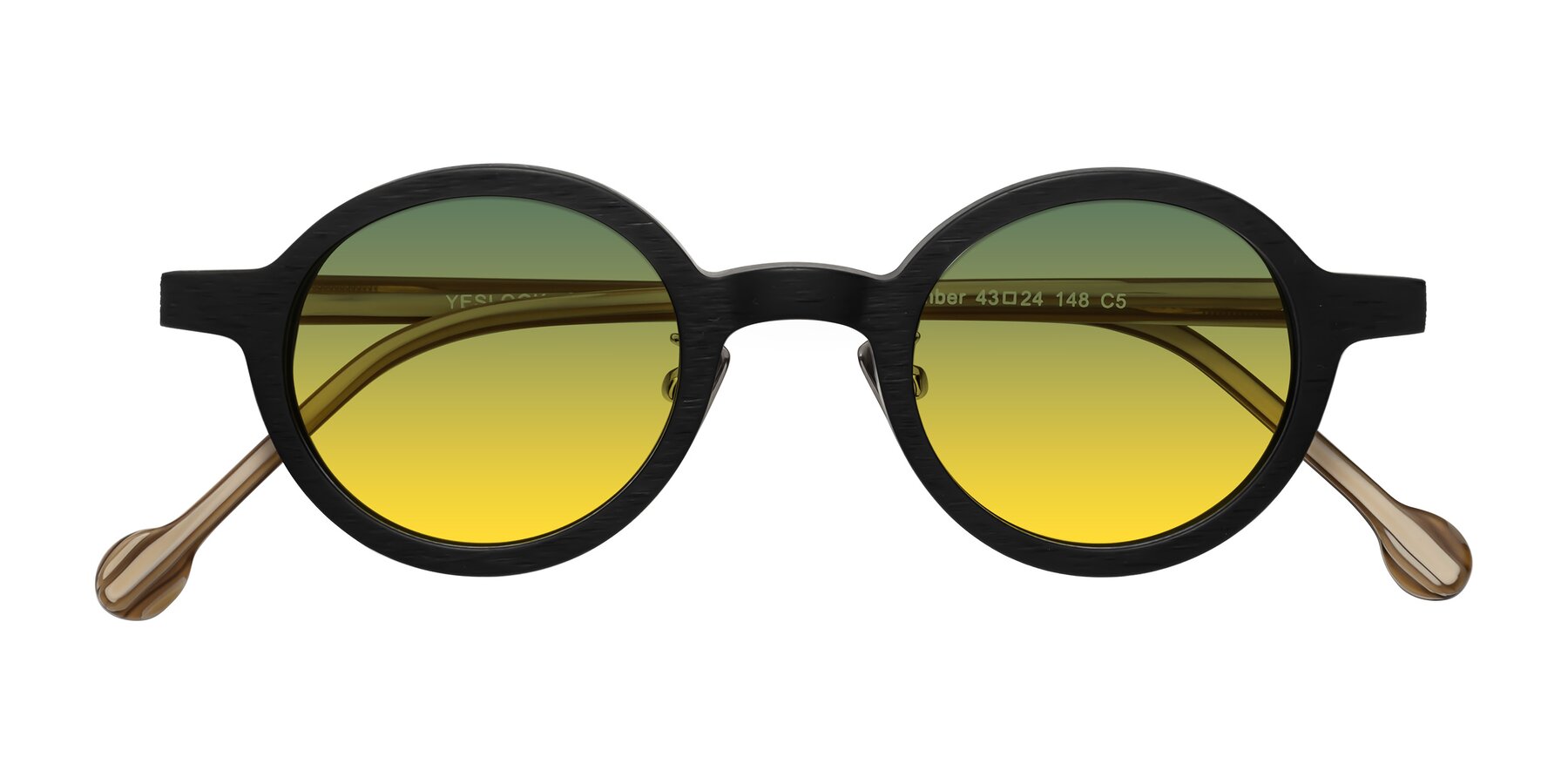 Folded Front of Timber in Black-Sugar Woodgrain with Green / Yellow Gradient Lenses