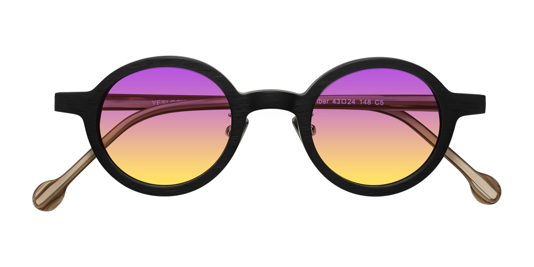 Folded Front of Timber in Black-Sugar Woodgrain with Purple / Yellow Gradient Lenses