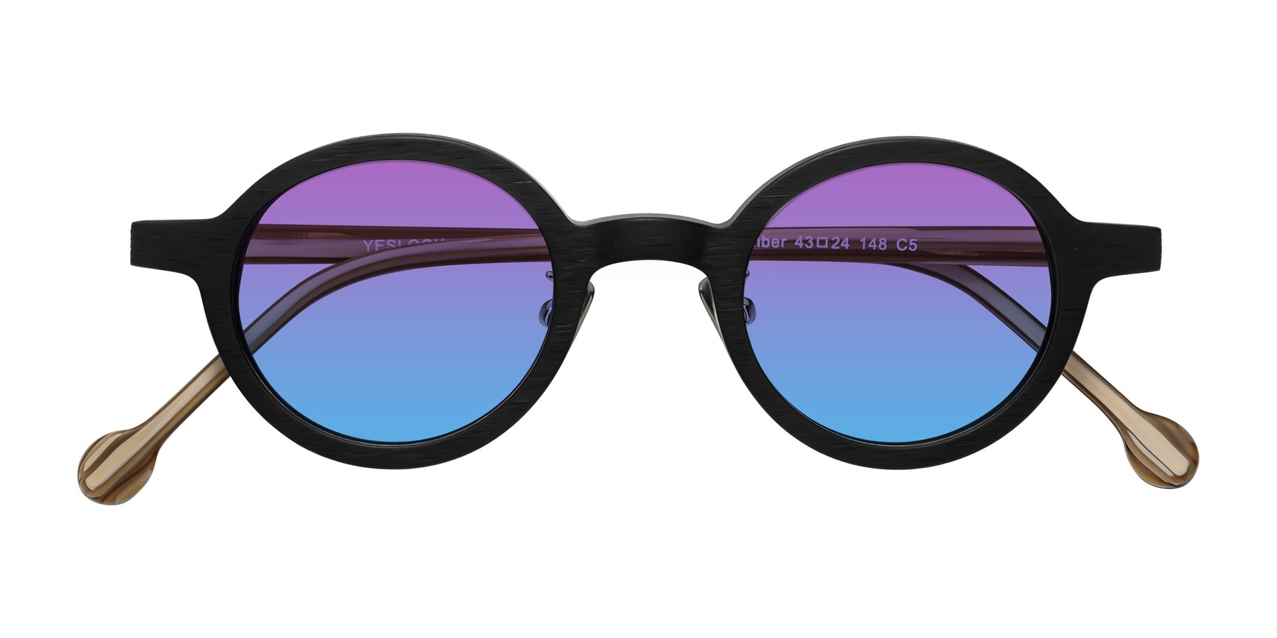 Folded Front of Timber in Black-Sugar Woodgrain with Purple / Blue Gradient Lenses