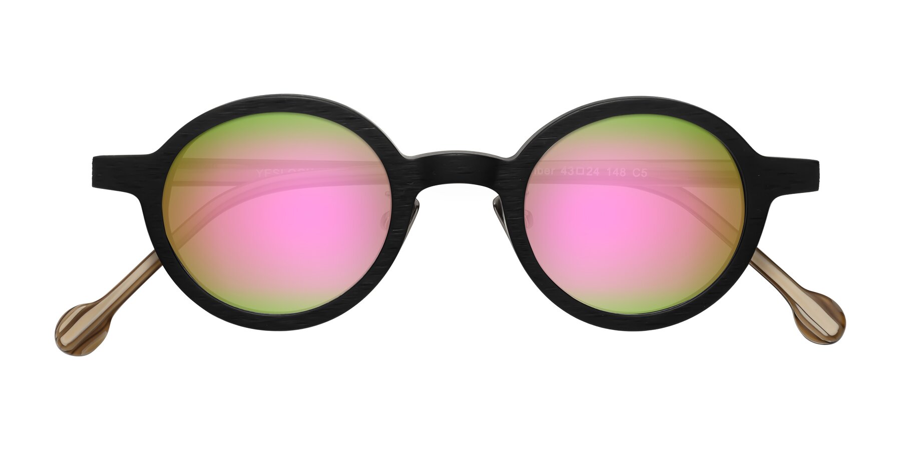 Folded Front of Timber in Black-Sugar Woodgrain with Pink Mirrored Lenses