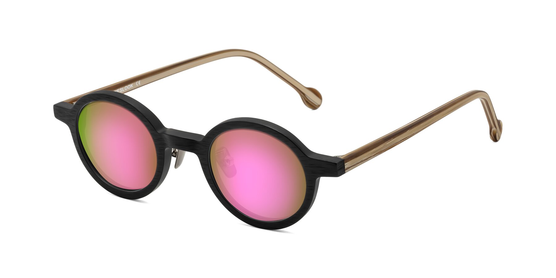 Angle of Timber in Black-Sugar Woodgrain with Pink Mirrored Lenses