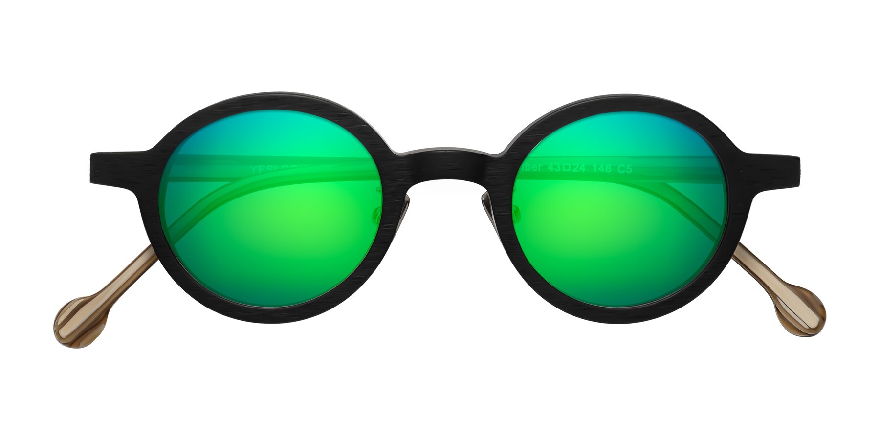 Folded Front of Timber in Black-Sugar Woodgrain with Green Mirrored Lenses