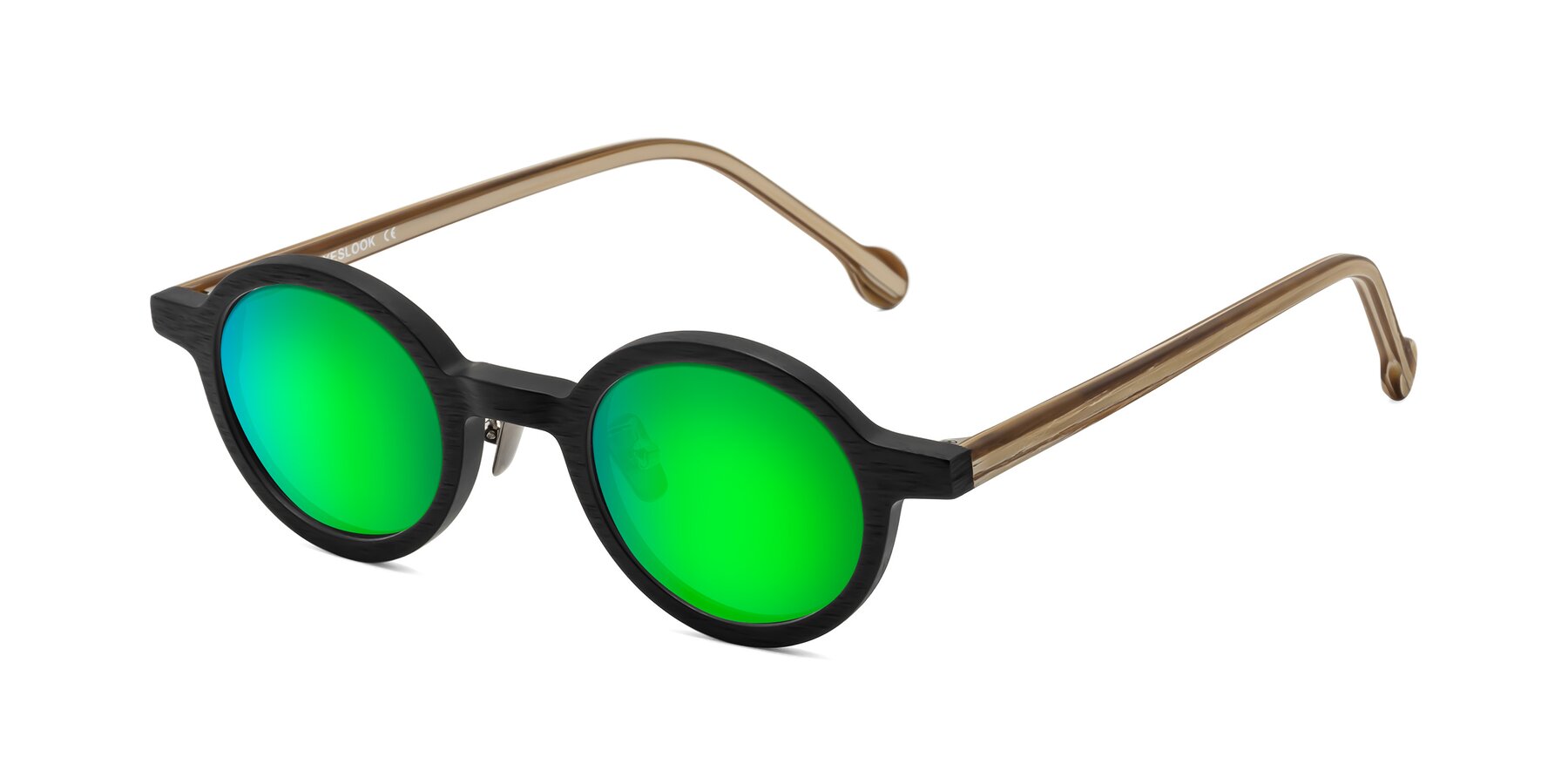 Angle of Timber in Black-Sugar Woodgrain with Green Mirrored Lenses