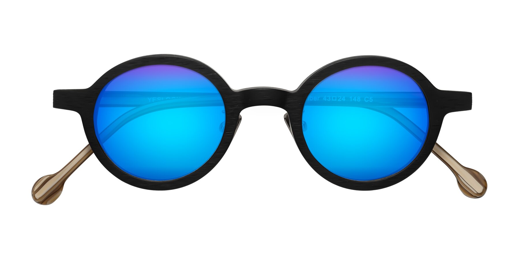 Folded Front of Timber in Black-Sugar Woodgrain with Blue Mirrored Lenses