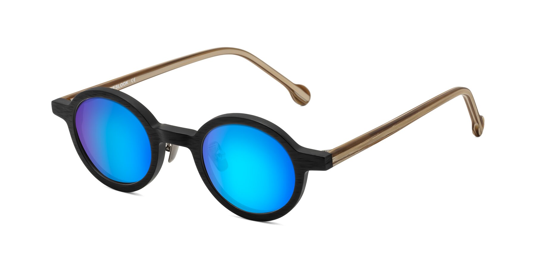 Angle of Timber in Black-Sugar Woodgrain with Blue Mirrored Lenses