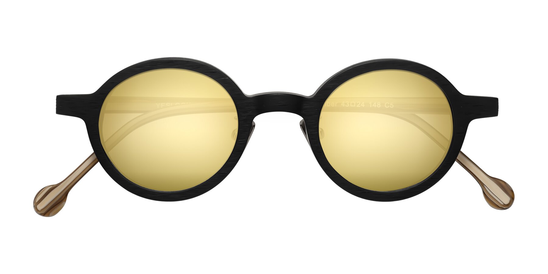 Folded Front of Timber in Black-Sugar Woodgrain with Gold Mirrored Lenses