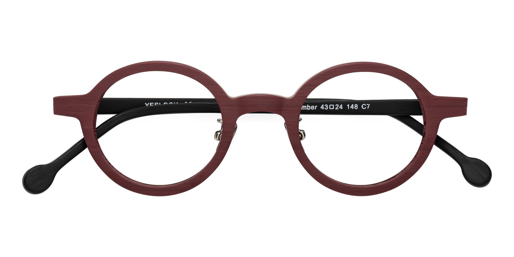 Folded Front of Timber in Burgundy-Black Woodgrain with Clear Eyeglass Lenses