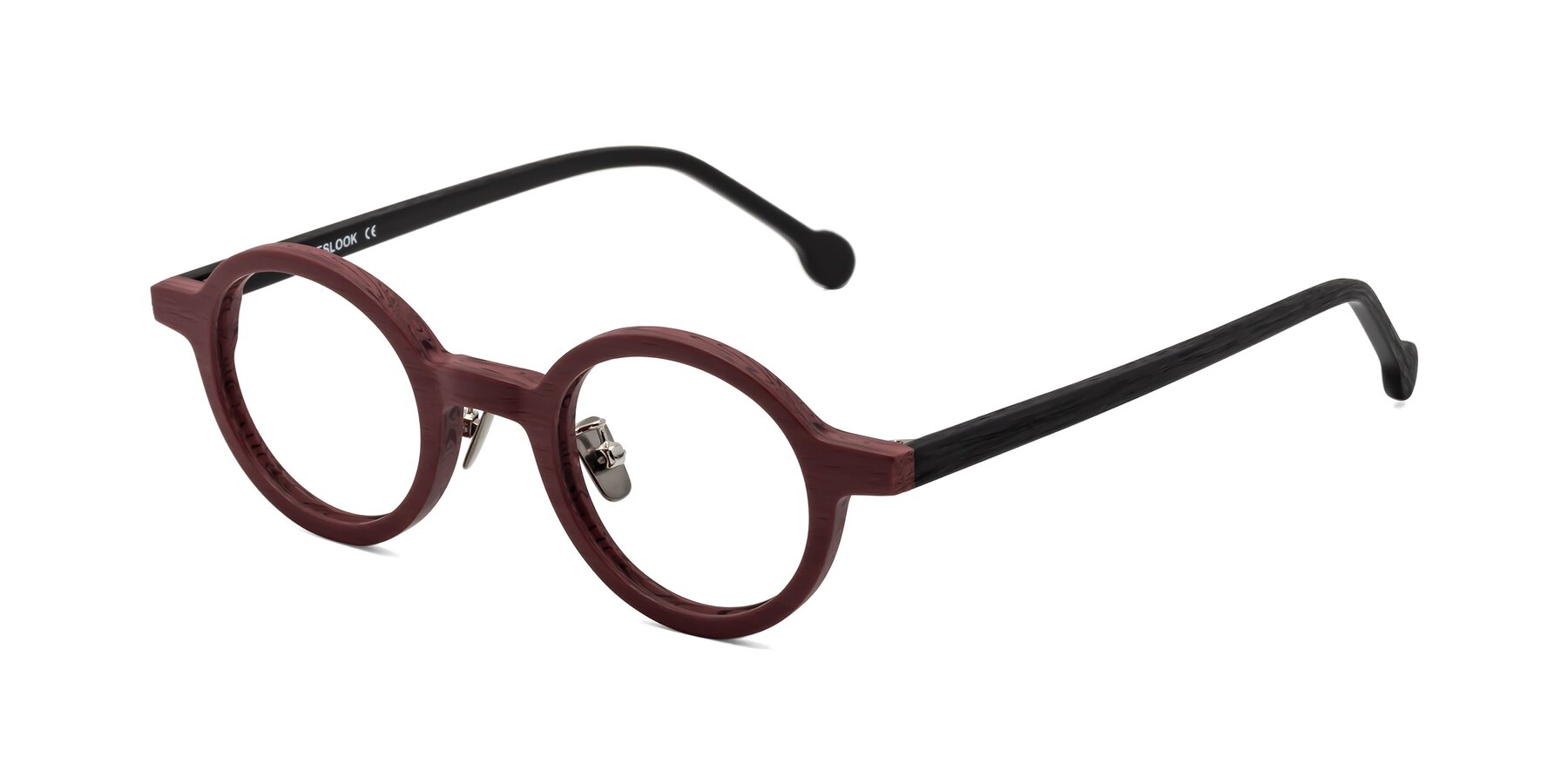 Angle of Timber in Burgundy-Black Woodgrain with Clear Eyeglass Lenses