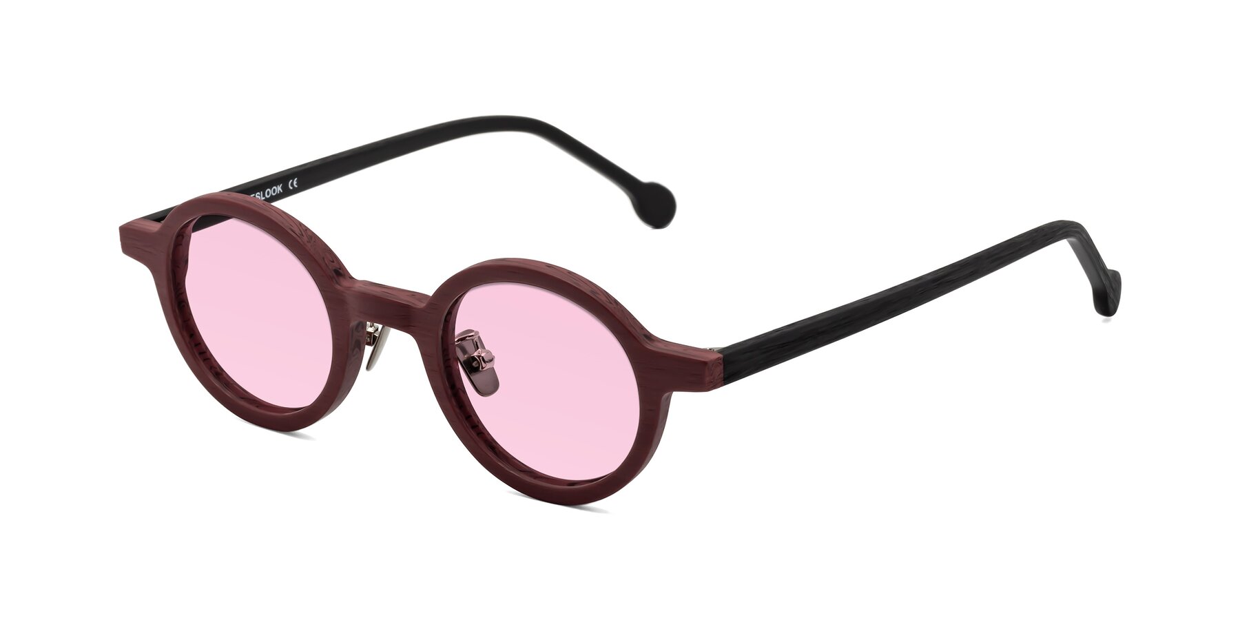 Angle of Timber in Burgundy-Black Woodgrain with Light Pink Tinted Lenses