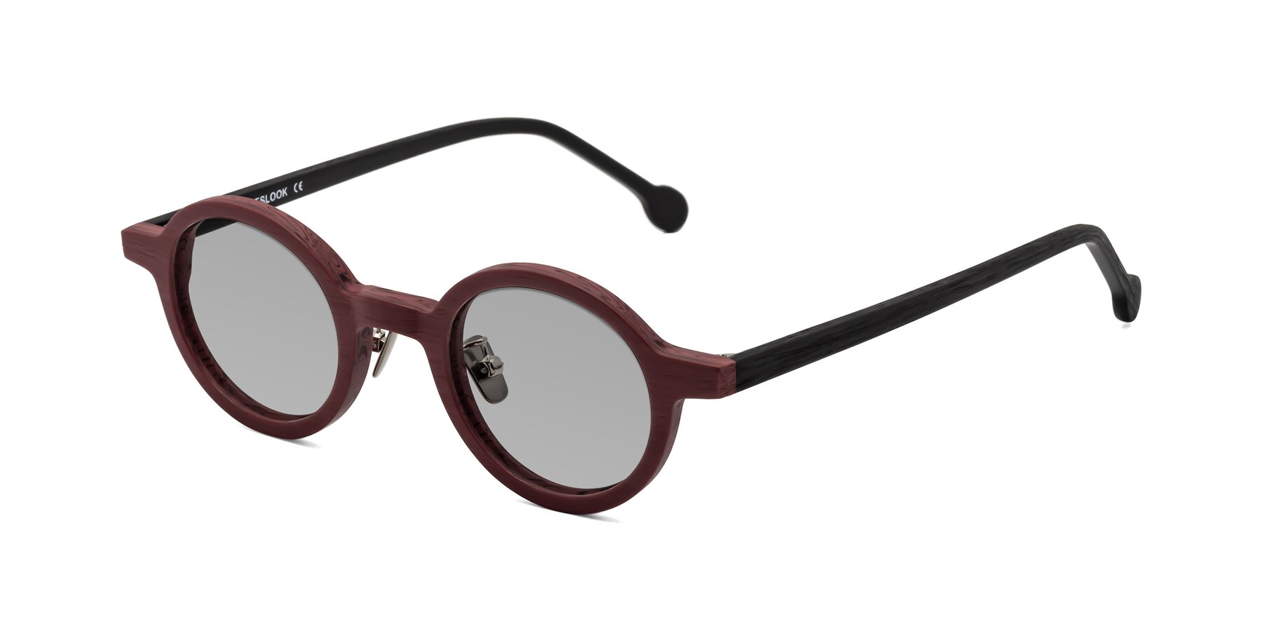 Angle of Timber in Burgundy-Black Woodgrain with Light Gray Tinted Lenses