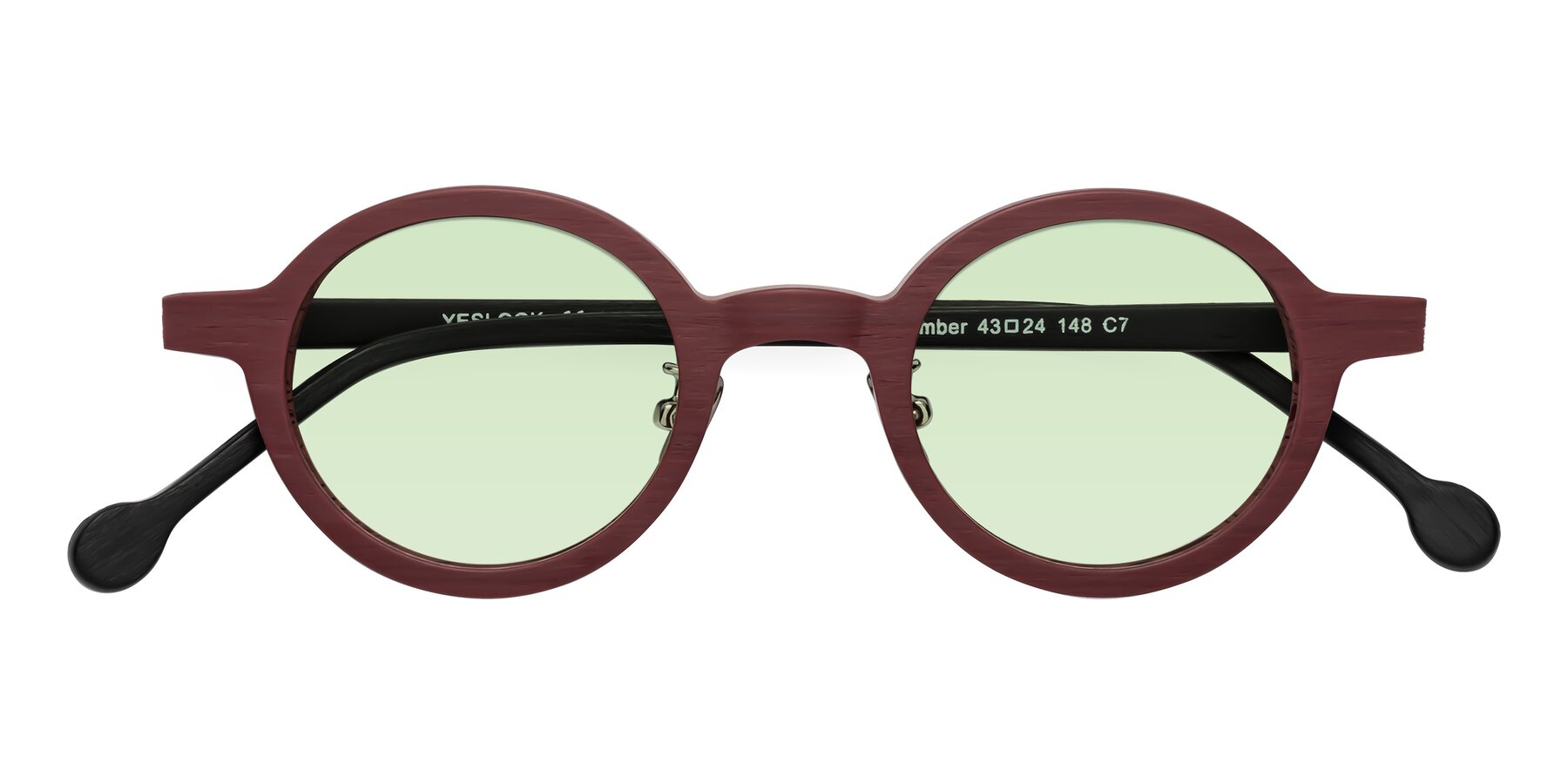 Folded Front of Timber in Burgundy-Black Woodgrain with Light Green Tinted Lenses