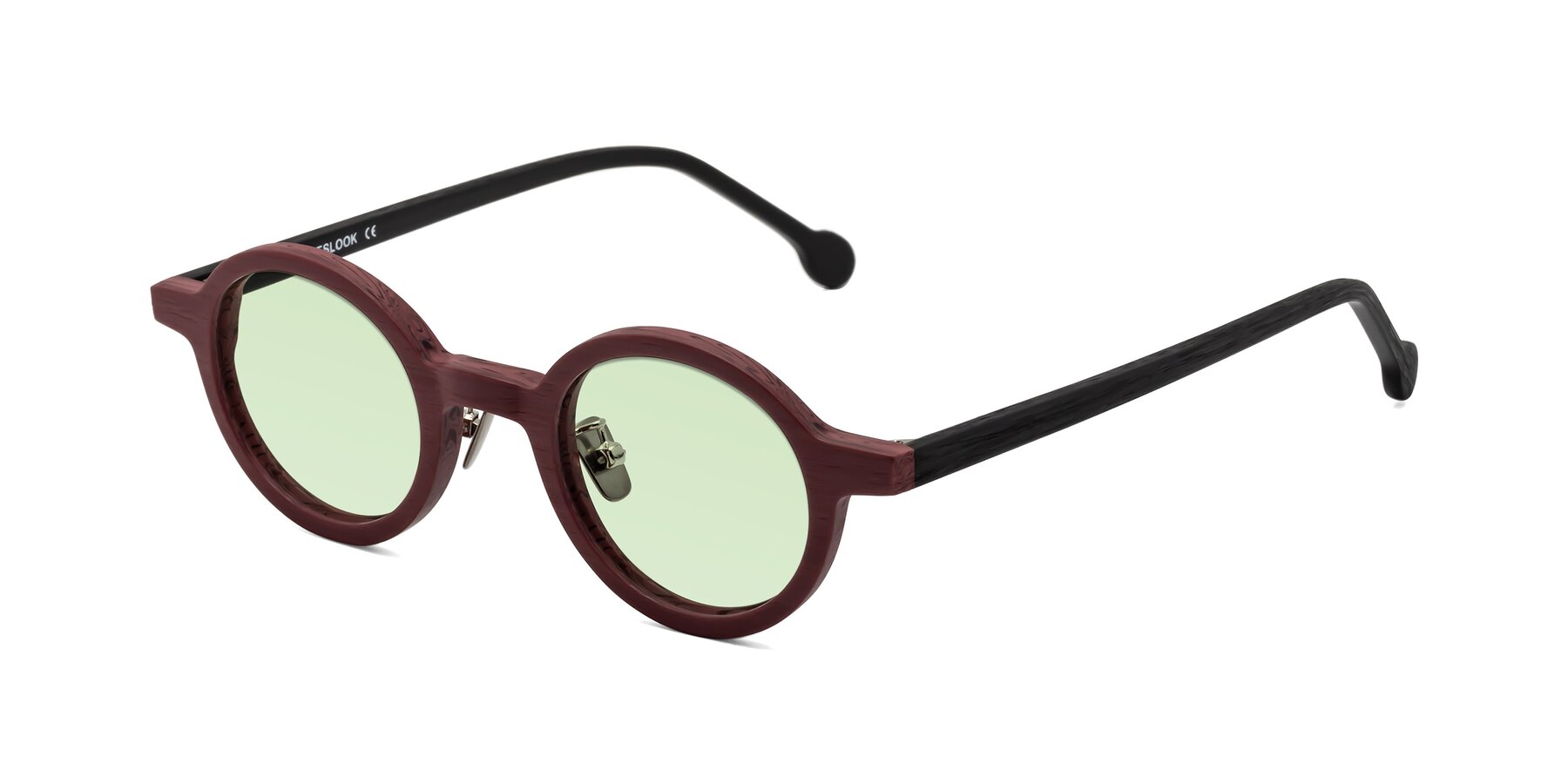 Angle of Timber in Burgundy-Black Woodgrain with Light Green Tinted Lenses