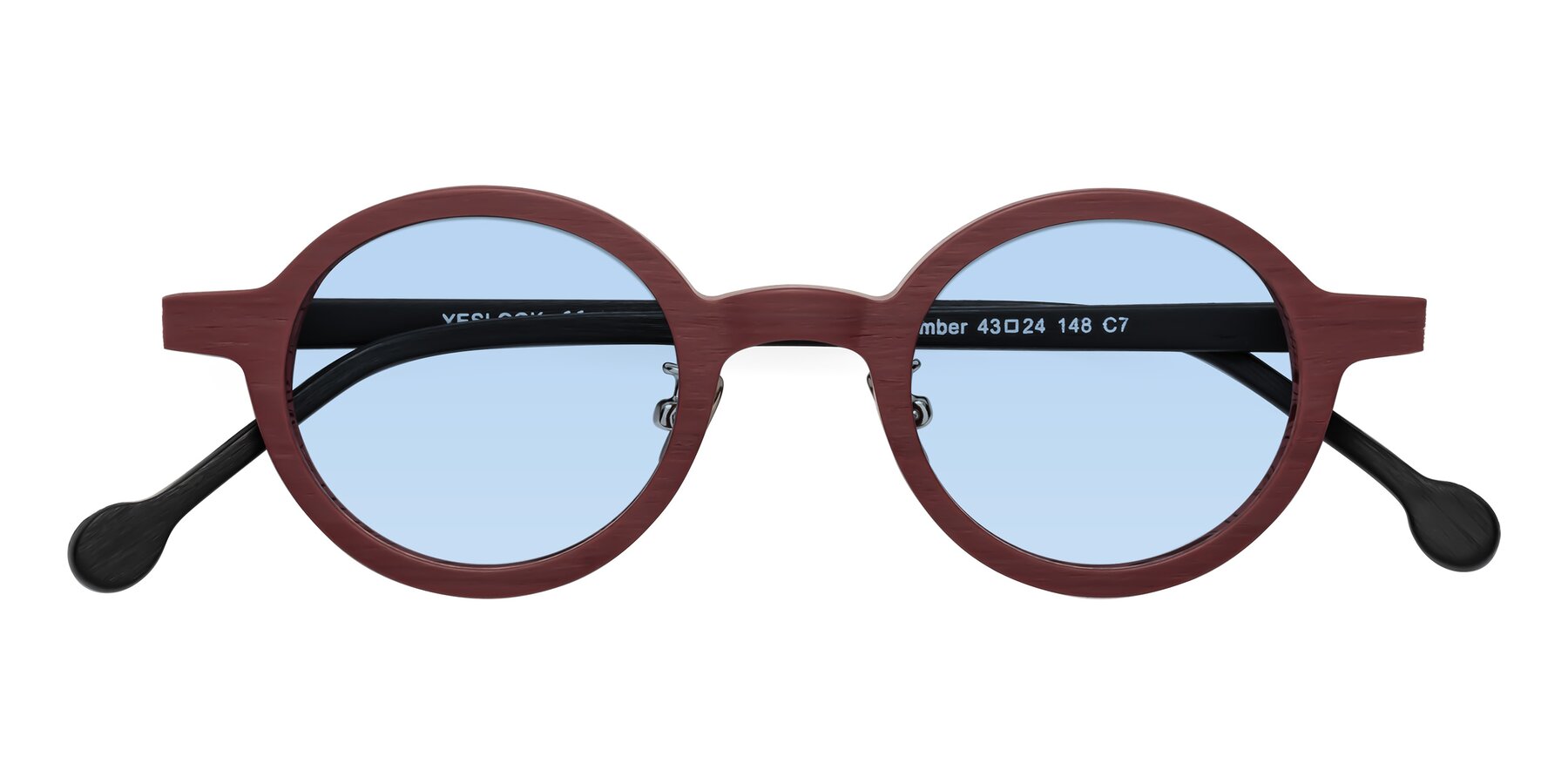 Folded Front of Timber in Burgundy-Black Woodgrain with Light Blue Tinted Lenses