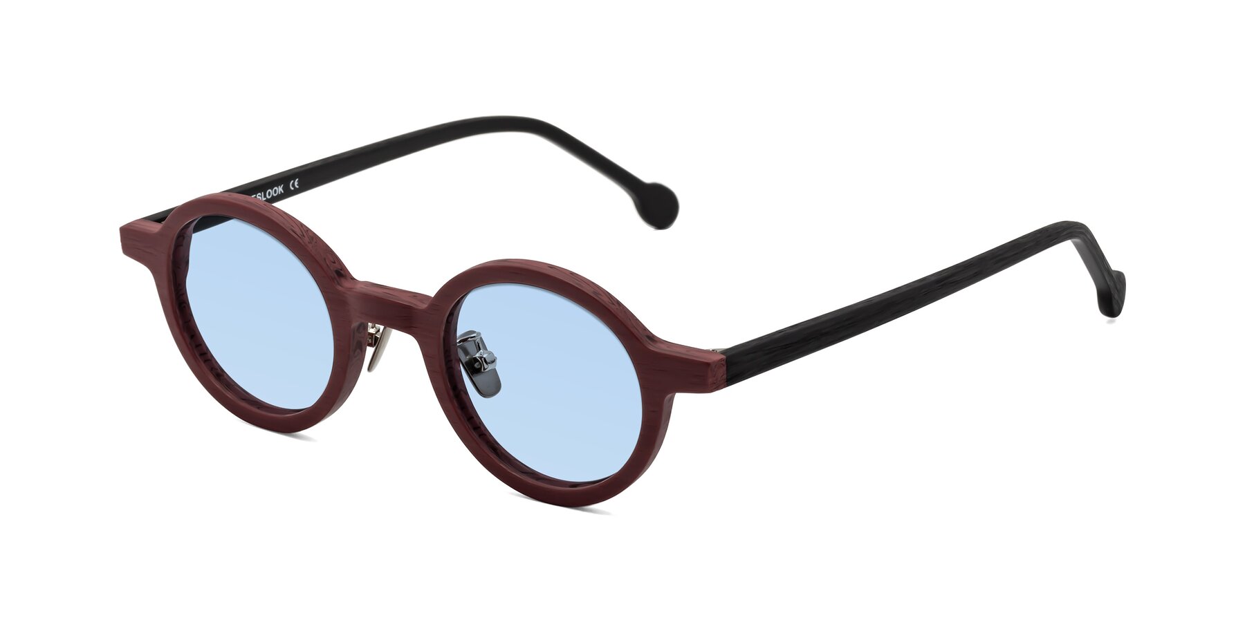 Angle of Timber in Burgundy-Black Woodgrain with Light Blue Tinted Lenses