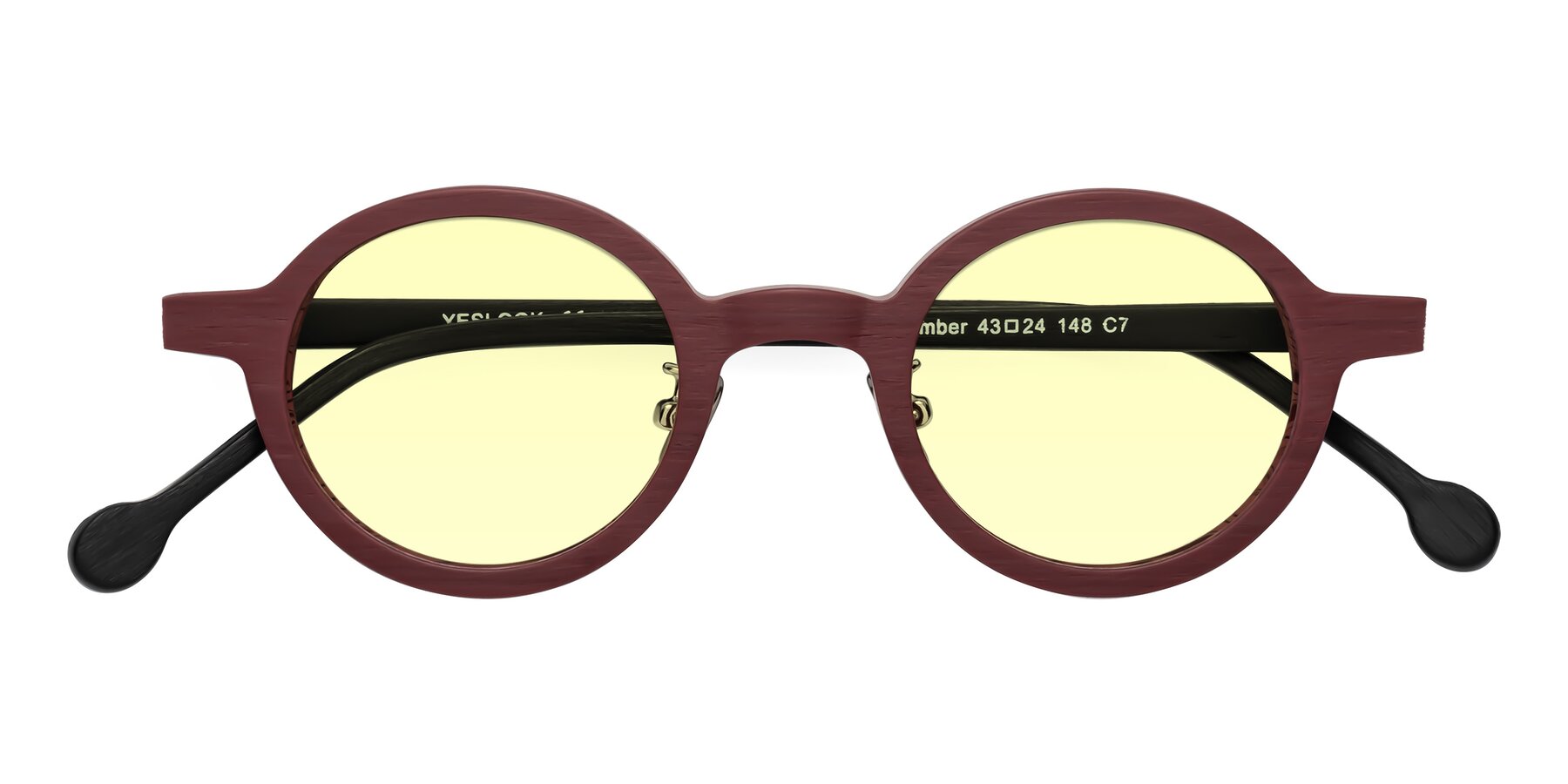 Folded Front of Timber in Burgundy-Black Woodgrain with Light Yellow Tinted Lenses