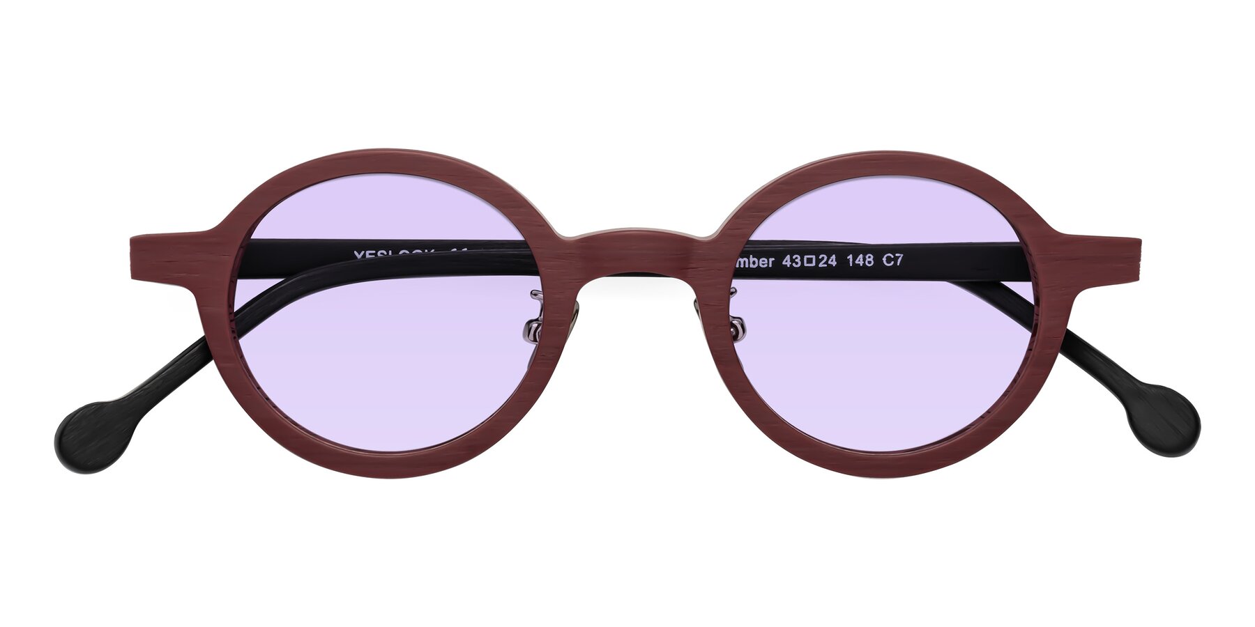 Folded Front of Timber in Burgundy-Black Woodgrain with Light Purple Tinted Lenses