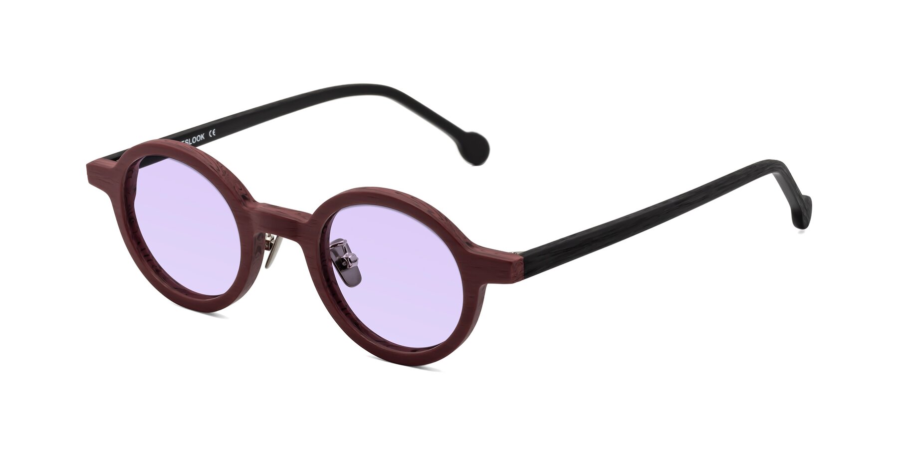 Angle of Timber in Burgundy-Black Woodgrain with Light Purple Tinted Lenses