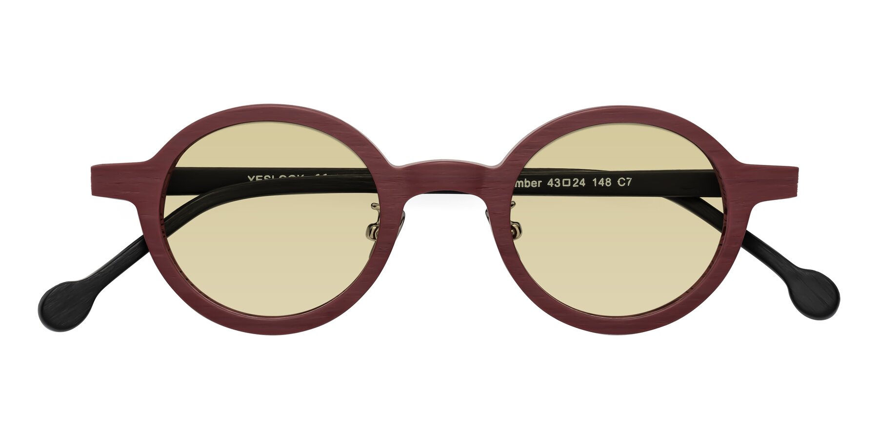 Folded Front of Timber in Burgundy-Black Woodgrain with Light Champagne Tinted Lenses