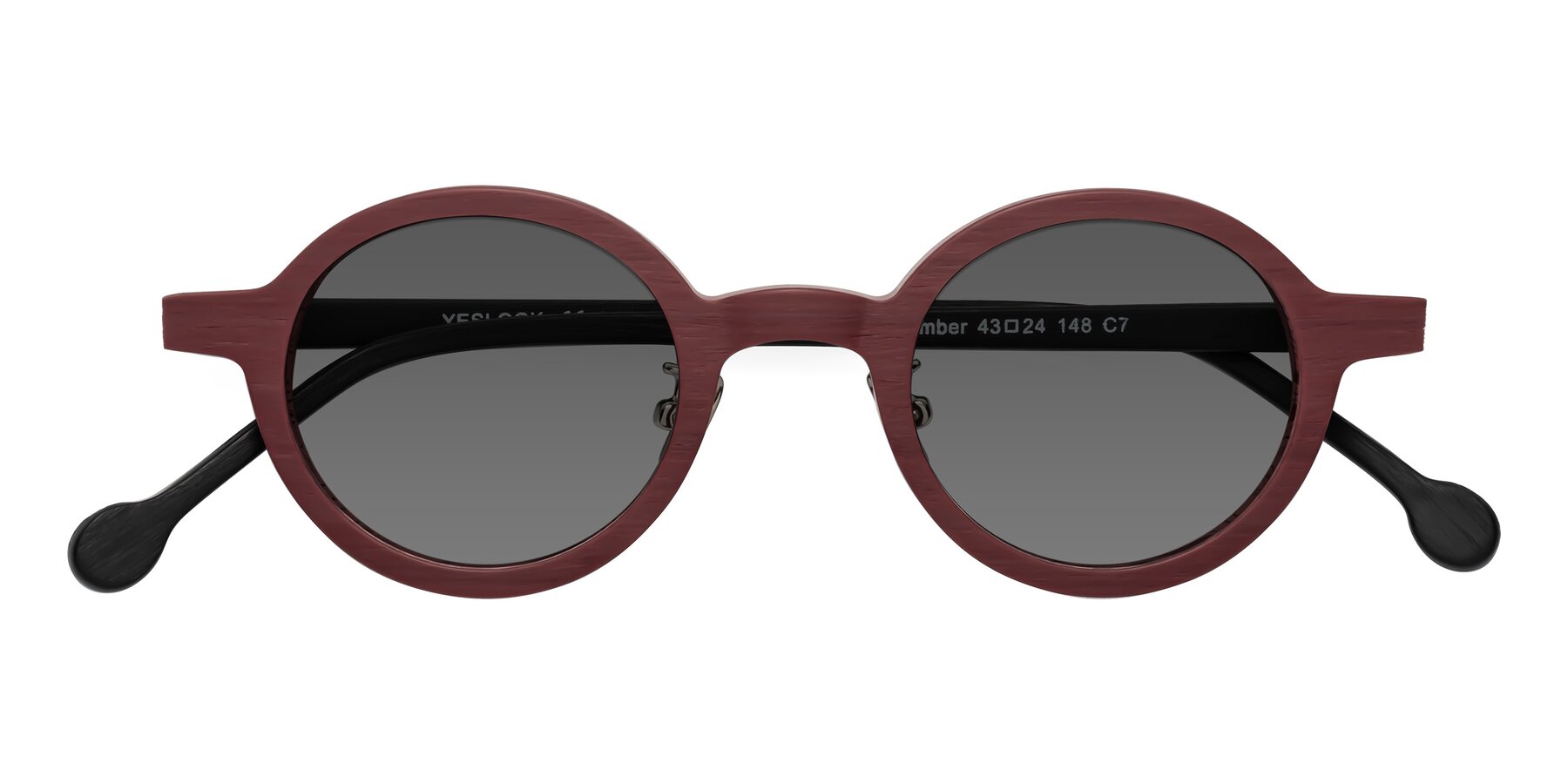 Folded Front of Timber in Burgundy-Black Woodgrain with Medium Gray Tinted Lenses