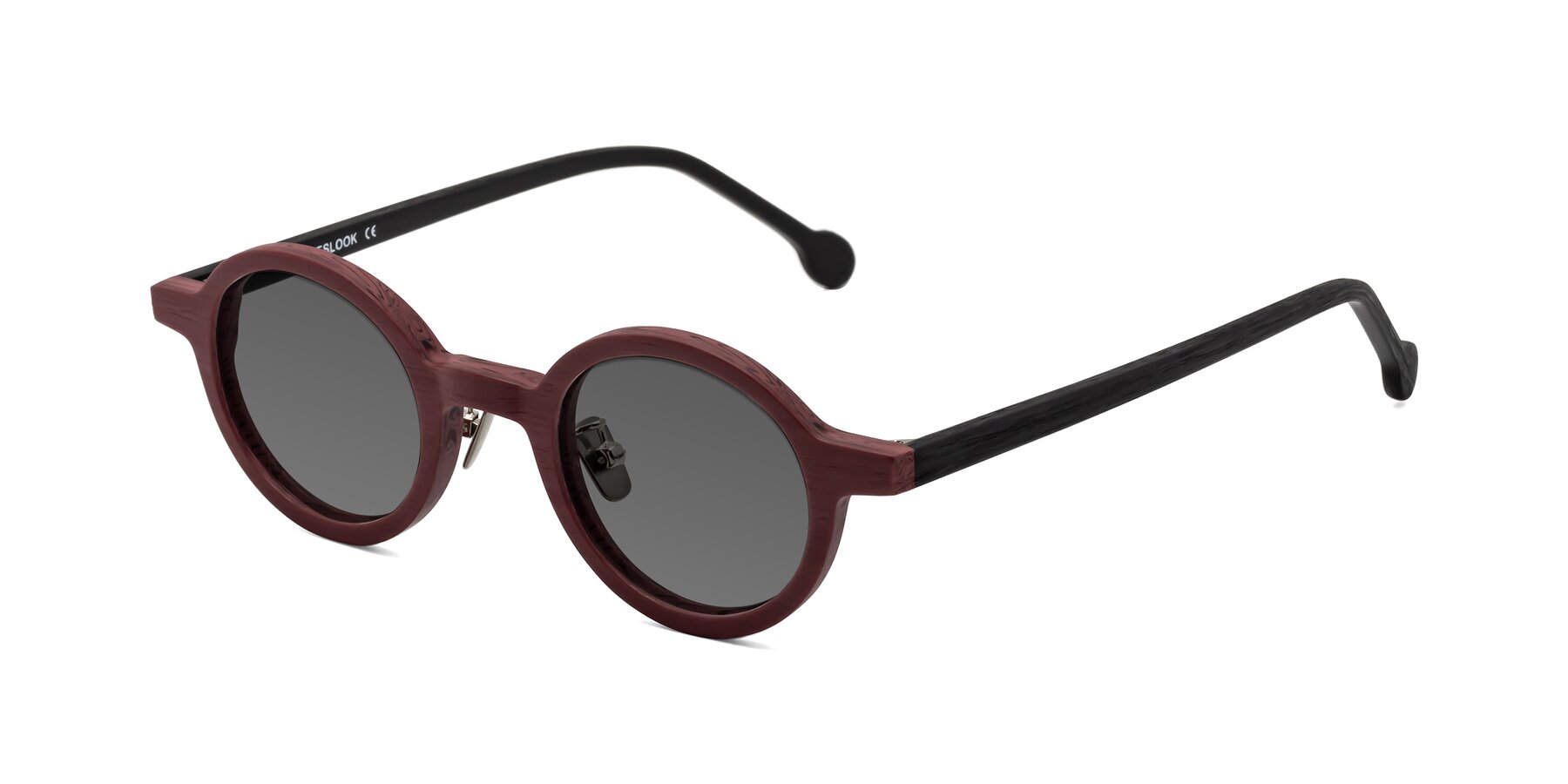 Angle of Timber in Burgundy-Black Woodgrain with Medium Gray Tinted Lenses