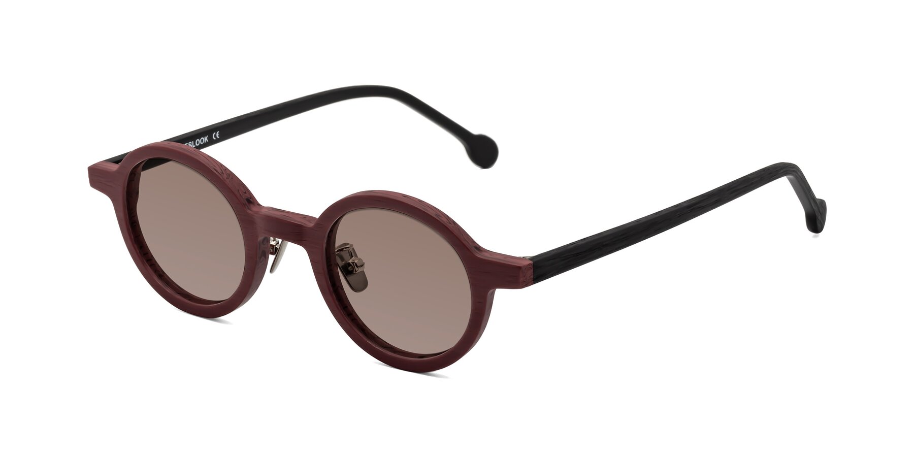 Angle of Timber in Burgundy-Black Woodgrain with Medium Brown Tinted Lenses