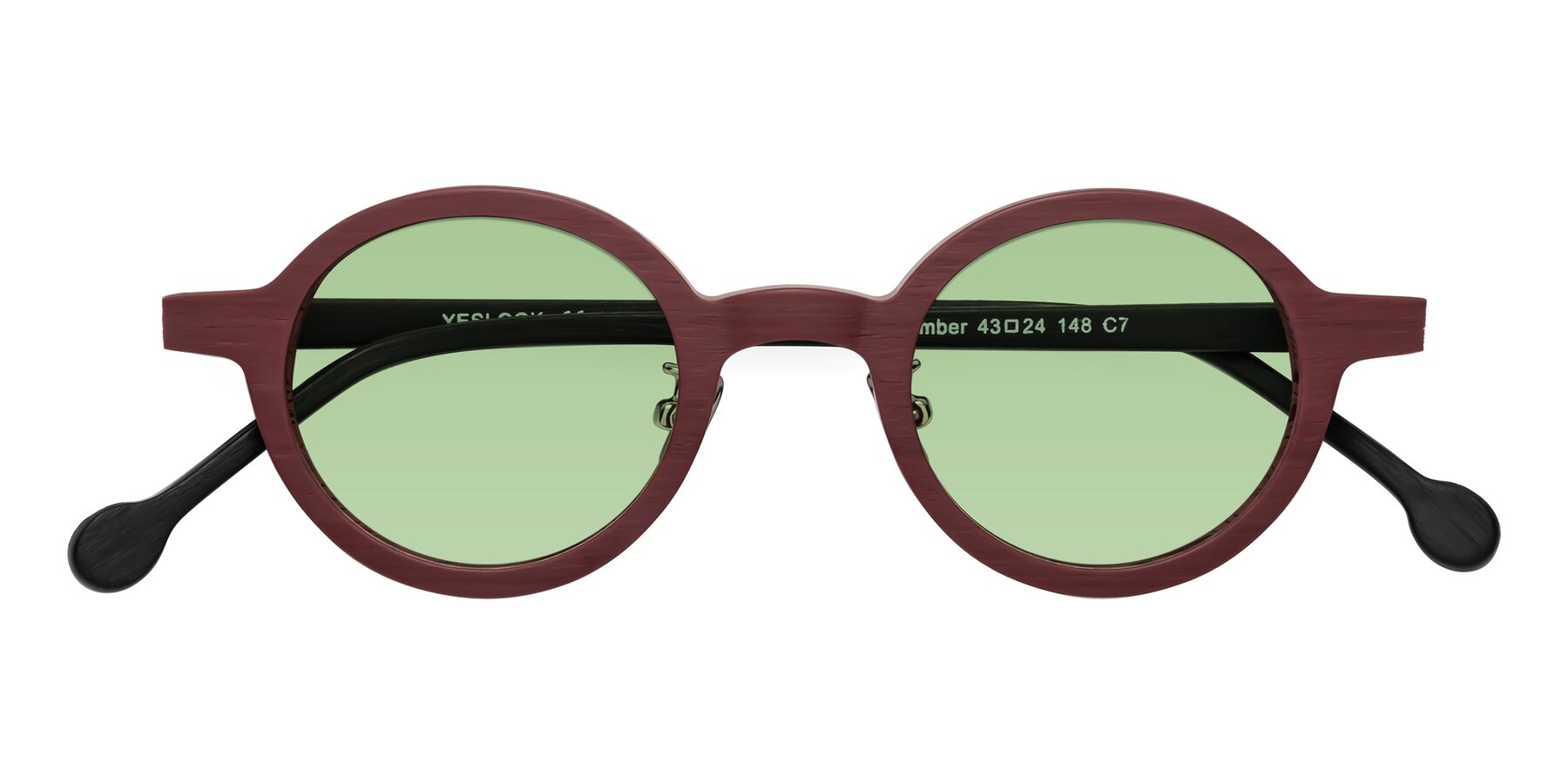 Folded Front of Timber in Burgundy-Black Woodgrain with Medium Green Tinted Lenses