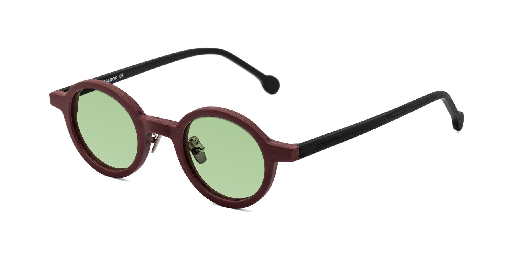 Angle of Timber in Burgundy-Black Woodgrain with Medium Green Tinted Lenses