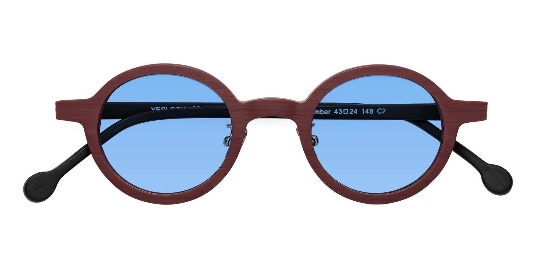 Folded Front of Timber in Burgundy-Black Woodgrain with Medium Blue Tinted Lenses