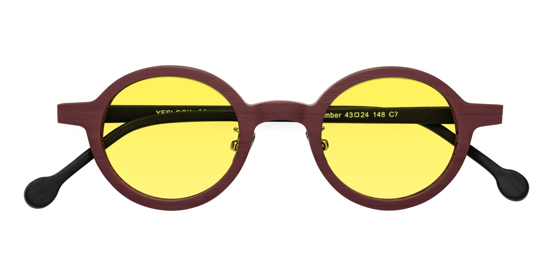 Folded Front of Timber in Burgundy-Black Woodgrain with Medium Yellow Tinted Lenses