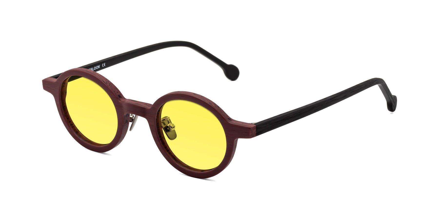 Angle of Timber in Burgundy-Black Woodgrain with Medium Yellow Tinted Lenses