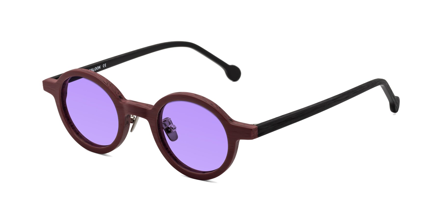 Angle of Timber in Burgundy-Black Woodgrain with Medium Purple Tinted Lenses