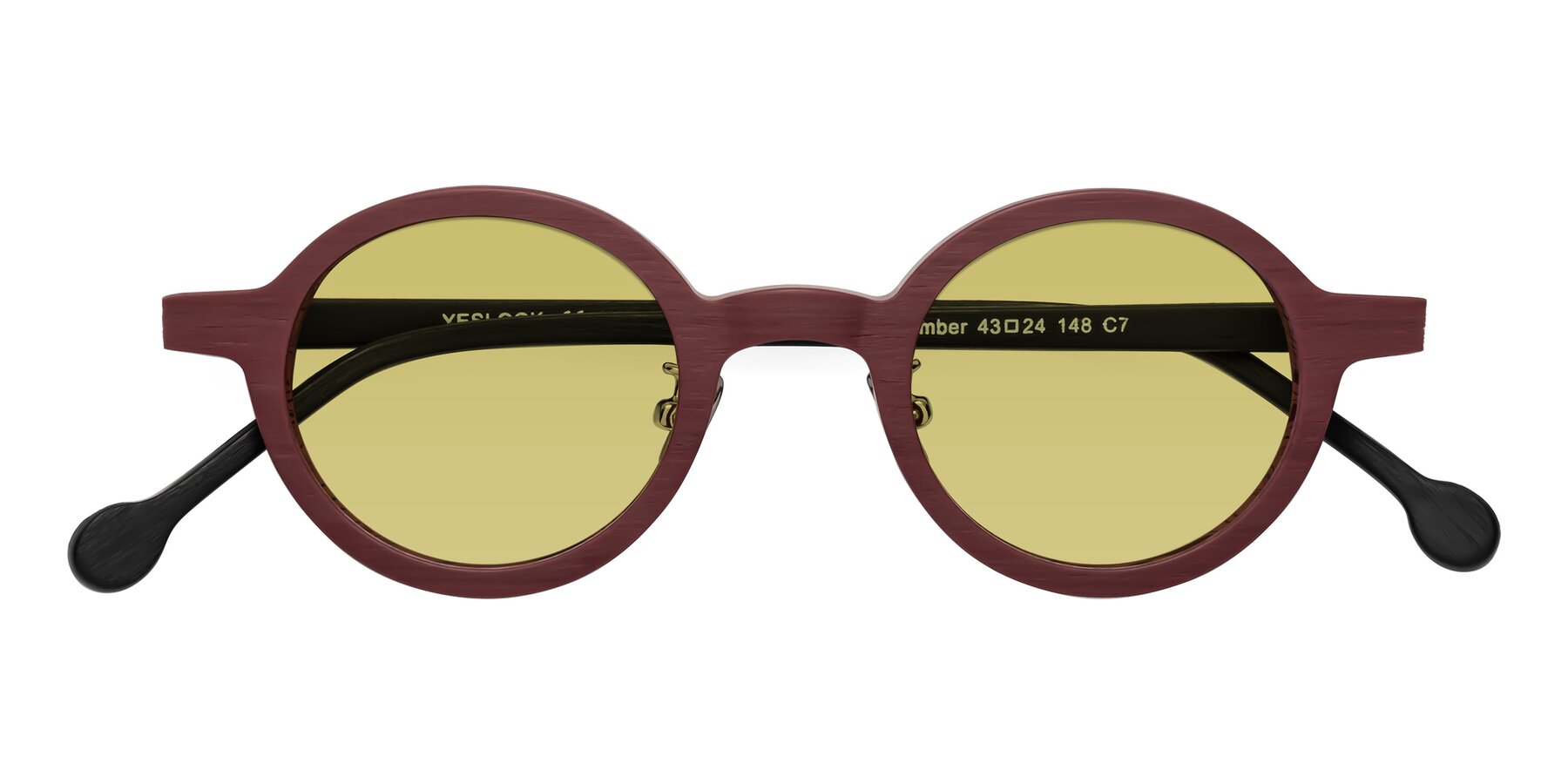 Folded Front of Timber in Burgundy-Black Woodgrain with Medium Champagne Tinted Lenses