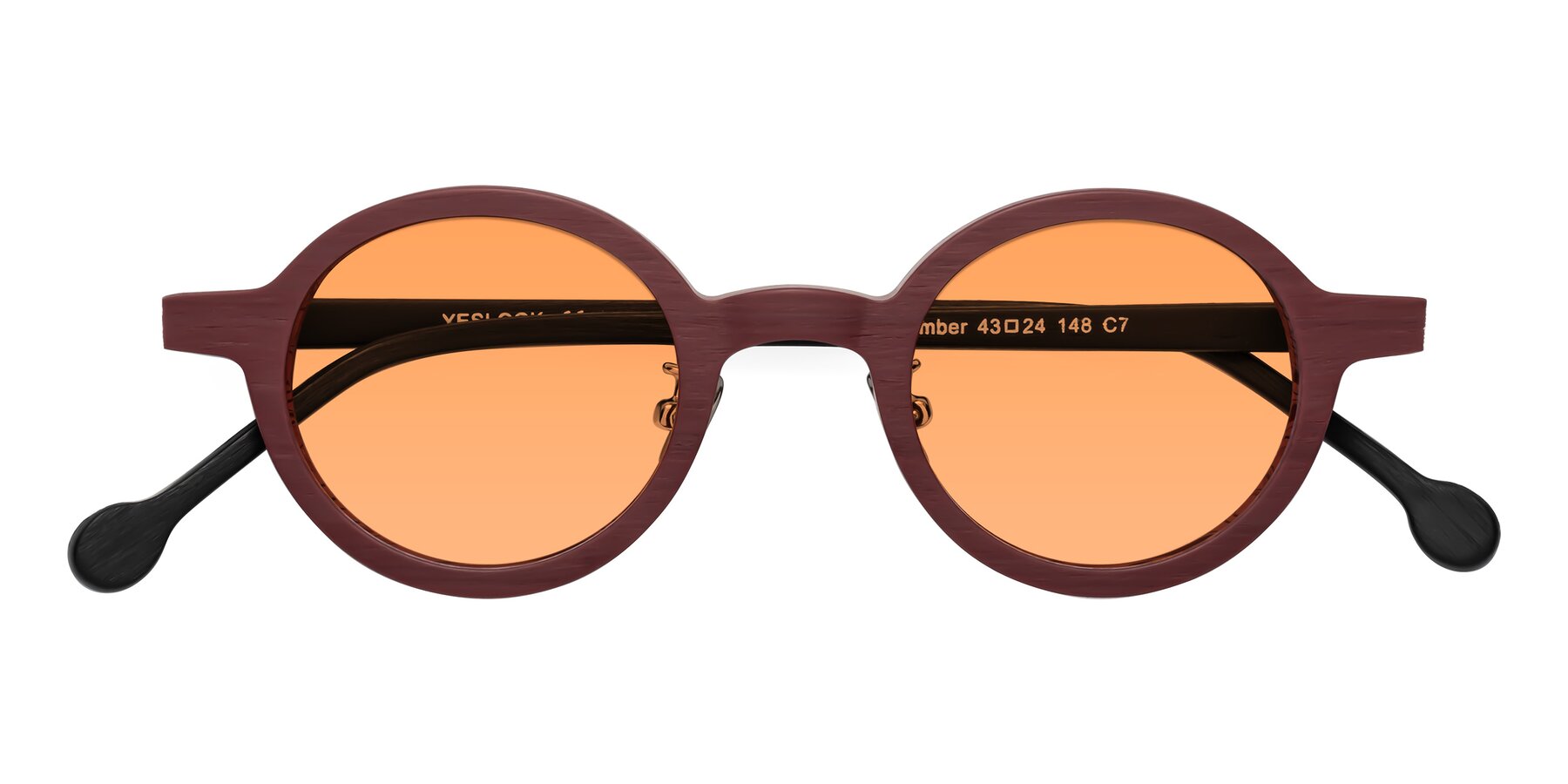 Folded Front of Timber in Burgundy-Black Woodgrain with Medium Orange Tinted Lenses