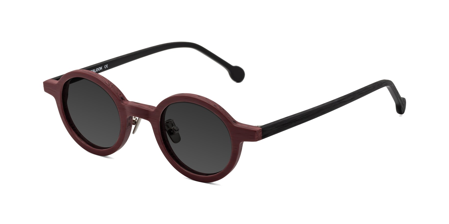 Angle of Timber in Burgundy-Black Woodgrain with Gray Tinted Lenses