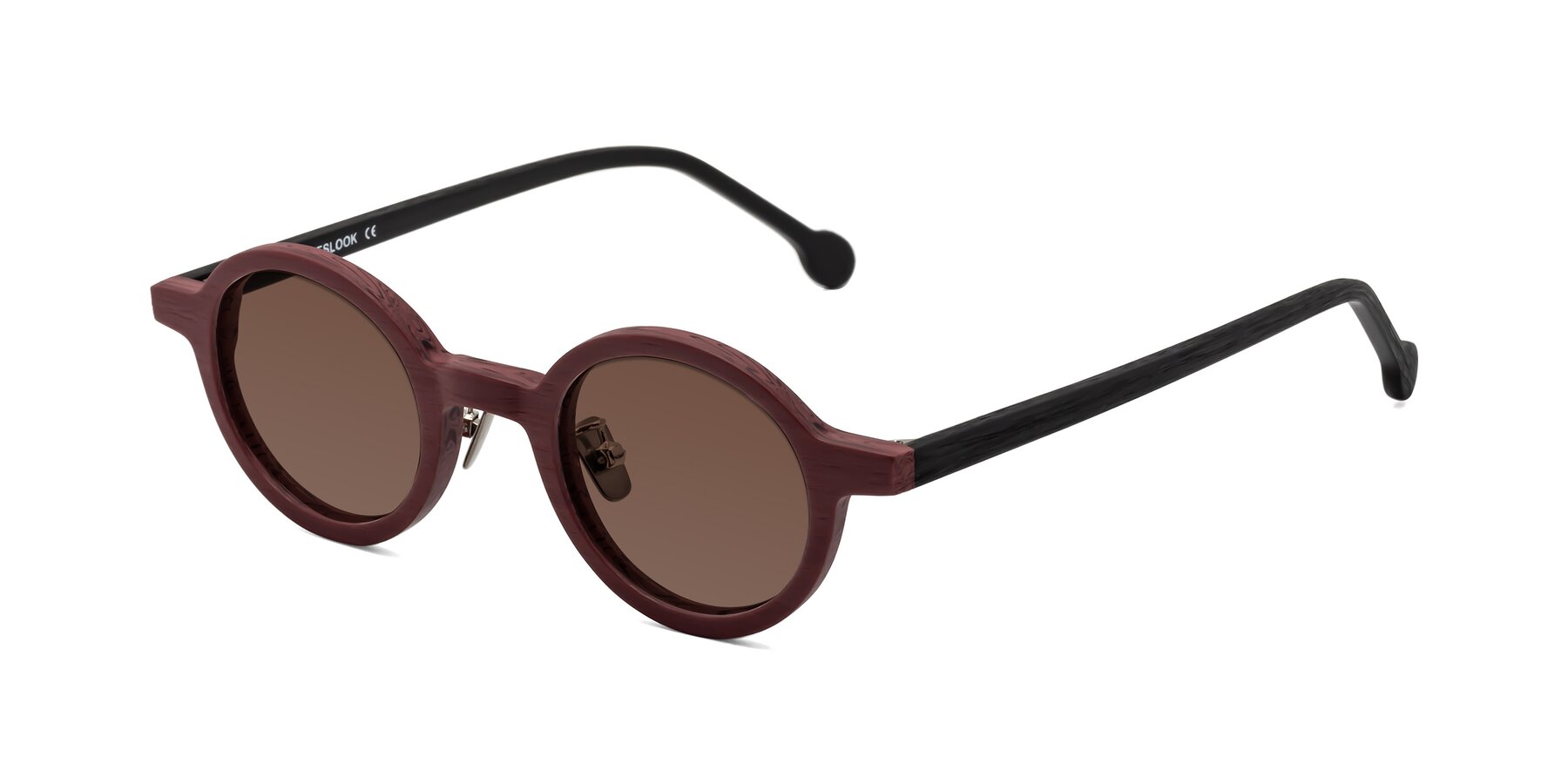 Angle of Timber in Burgundy-Black Woodgrain with Brown Tinted Lenses