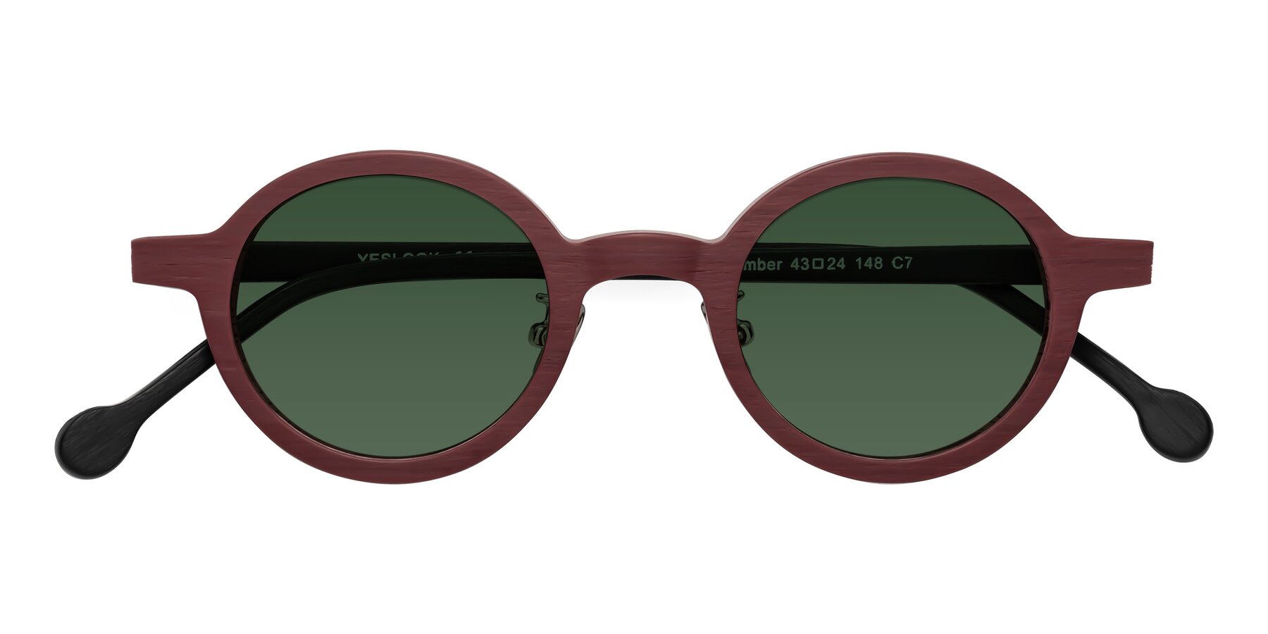 Folded Front of Timber in Burgundy-Black Woodgrain with Green Tinted Lenses