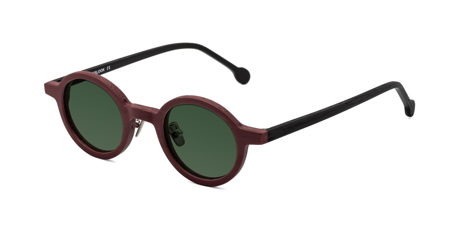 Angle of Timber in Burgundy-Black Woodgrain with Green Tinted Lenses