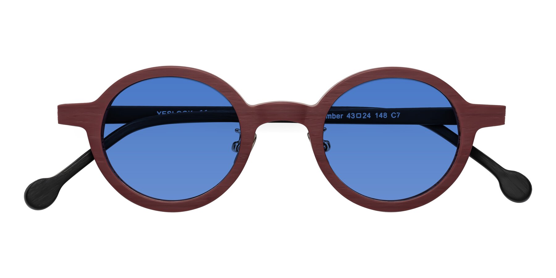 Folded Front of Timber in Burgundy-Black Woodgrain with Blue Tinted Lenses