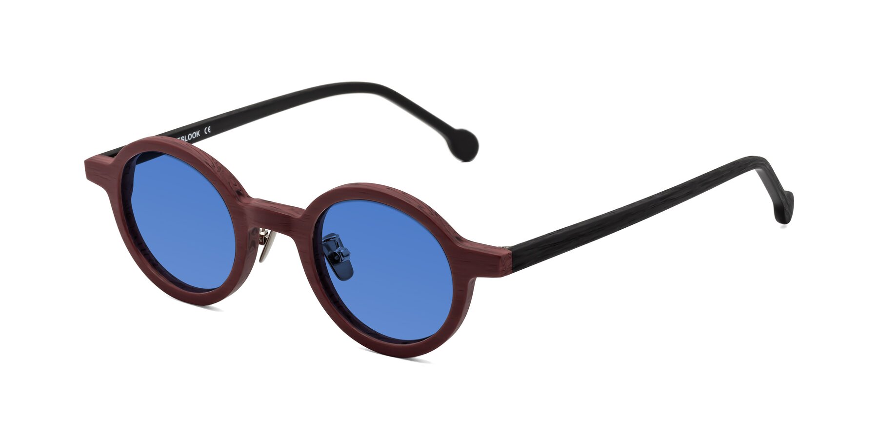 Angle of Timber in Burgundy-Black Woodgrain with Blue Tinted Lenses