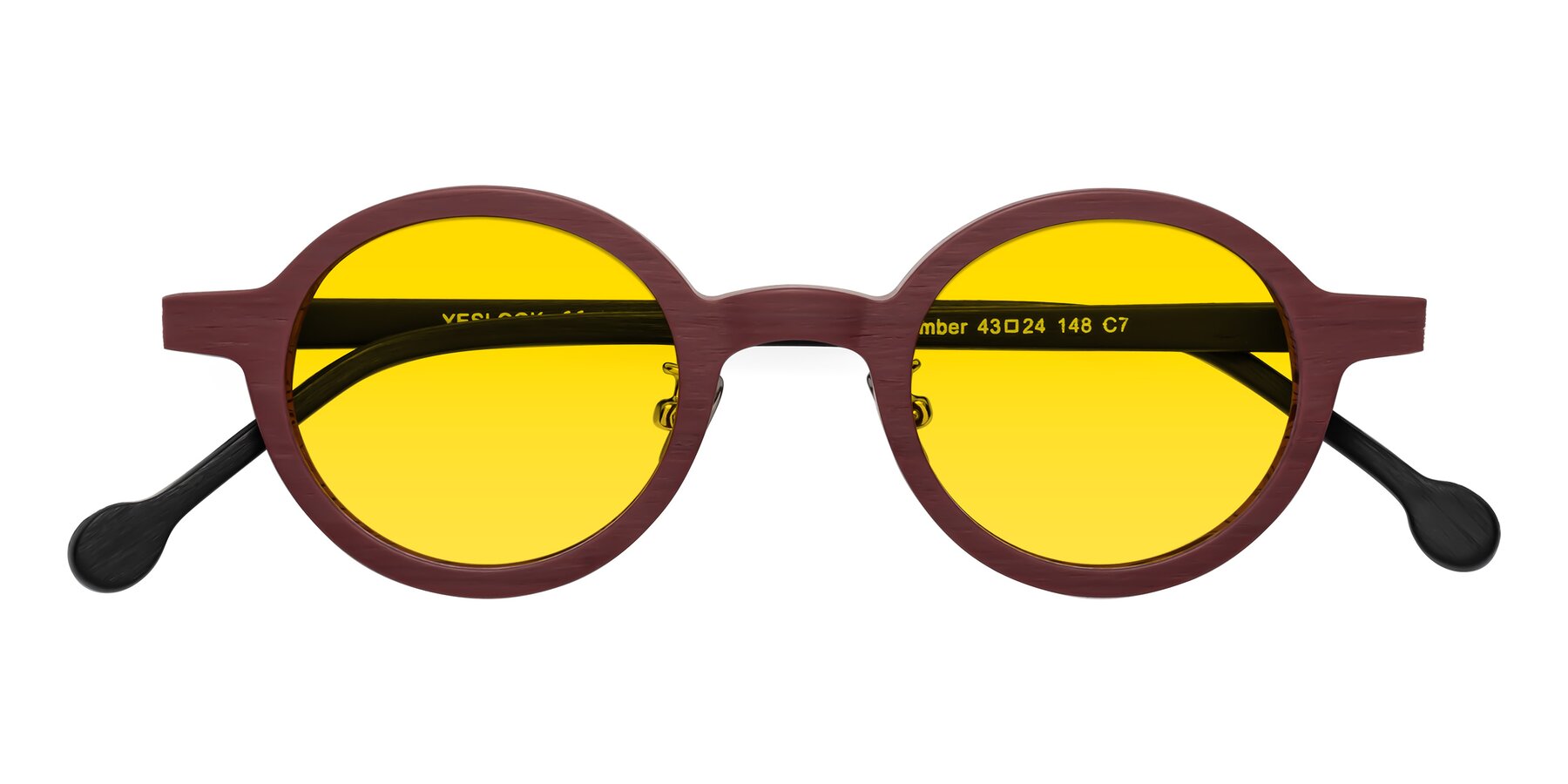 Folded Front of Timber in Burgundy-Black Woodgrain with Yellow Tinted Lenses