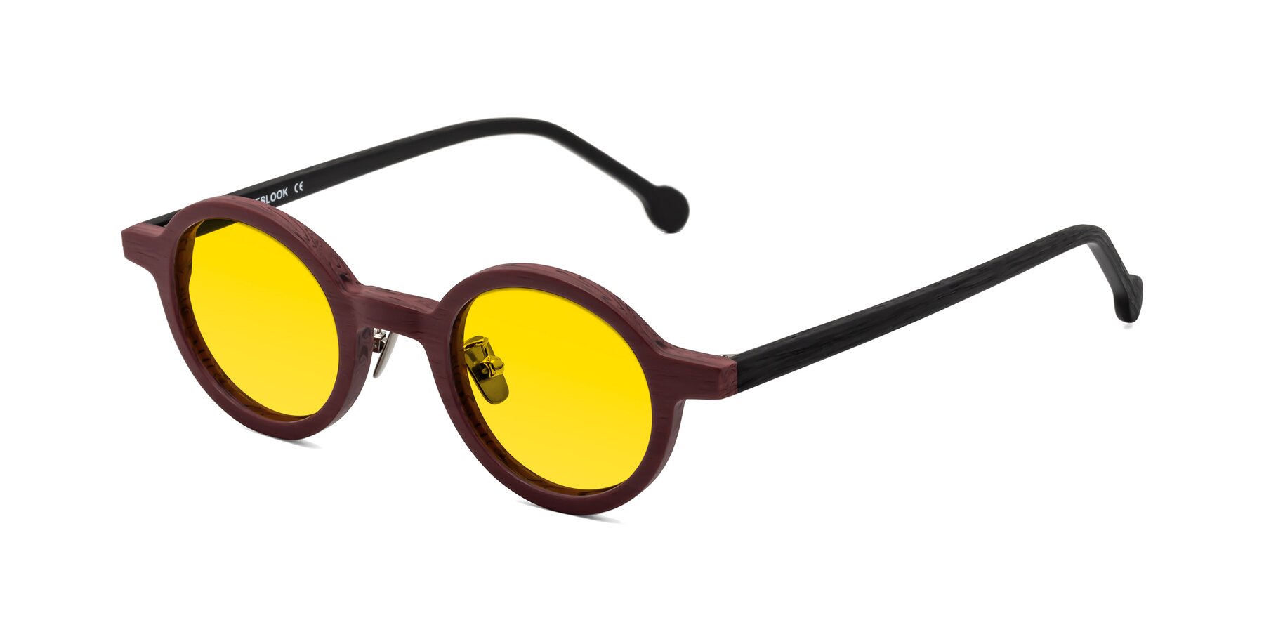 Angle of Timber in Burgundy-Black Woodgrain with Yellow Tinted Lenses