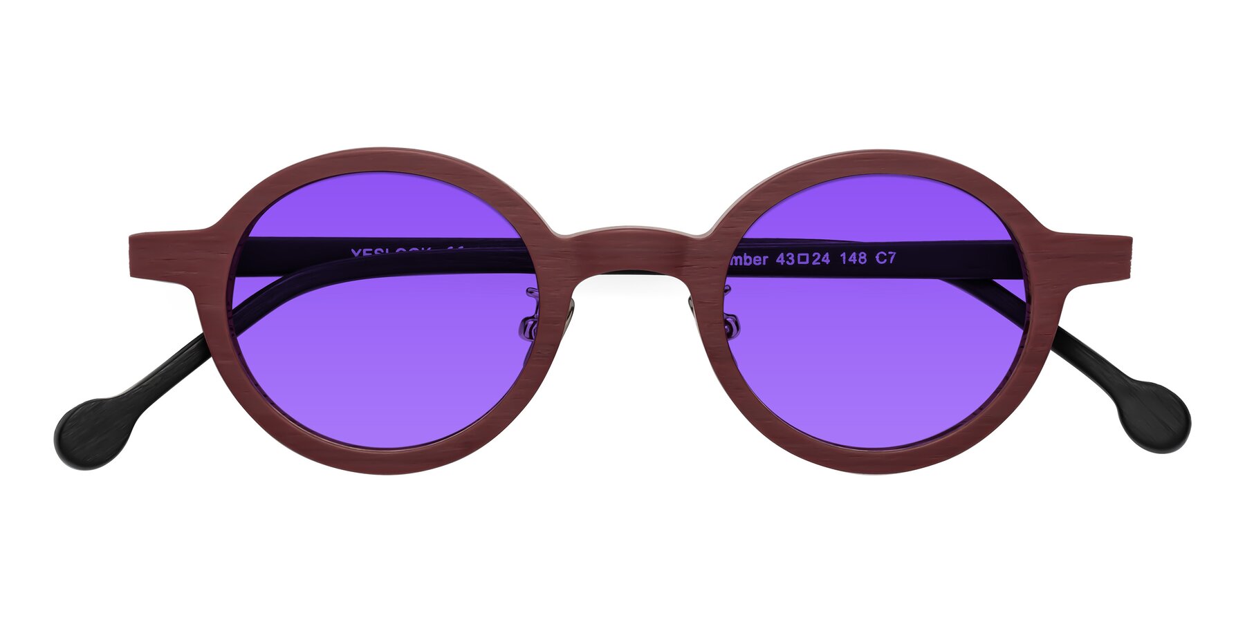 Folded Front of Timber in Burgundy-Black Woodgrain with Purple Tinted Lenses