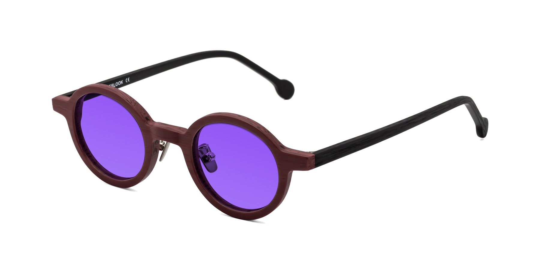 Angle of Timber in Burgundy-Black Woodgrain with Purple Tinted Lenses