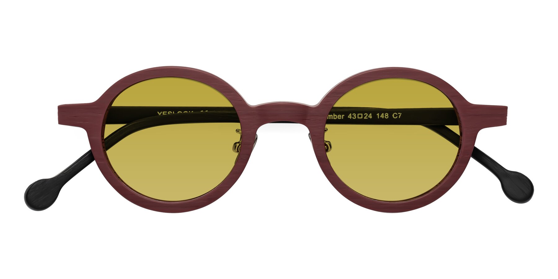 Folded Front of Timber in Burgundy-Black Woodgrain with Champagne Tinted Lenses