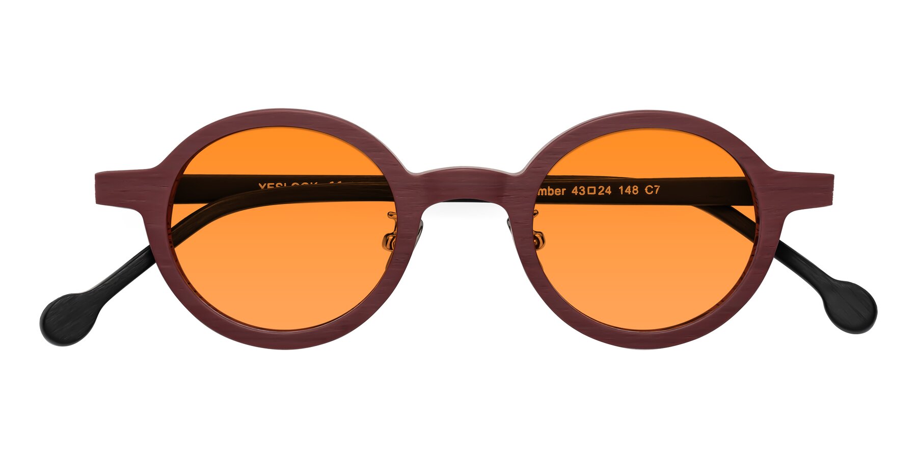 Folded Front of Timber in Burgundy-Black Woodgrain with Orange Tinted Lenses