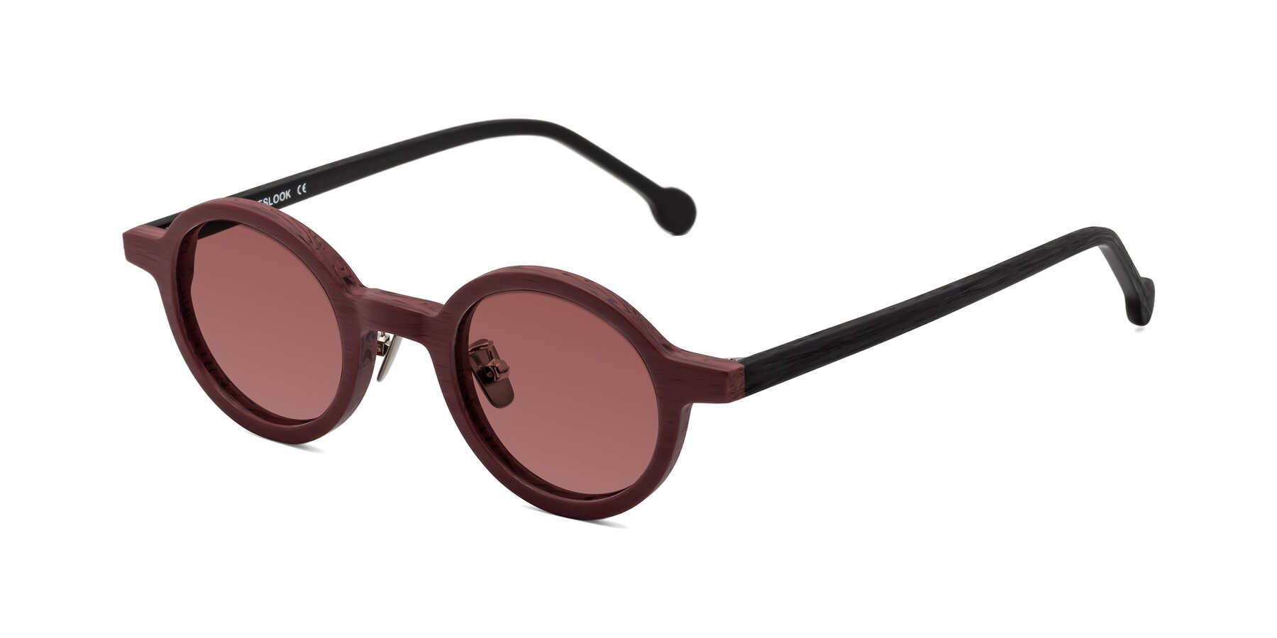 Angle of Timber in Burgundy-Black Woodgrain with Garnet Tinted Lenses